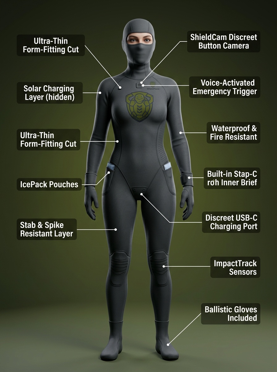 Civilian protection suit with annotated 3D feature callouts showing all integrated systems