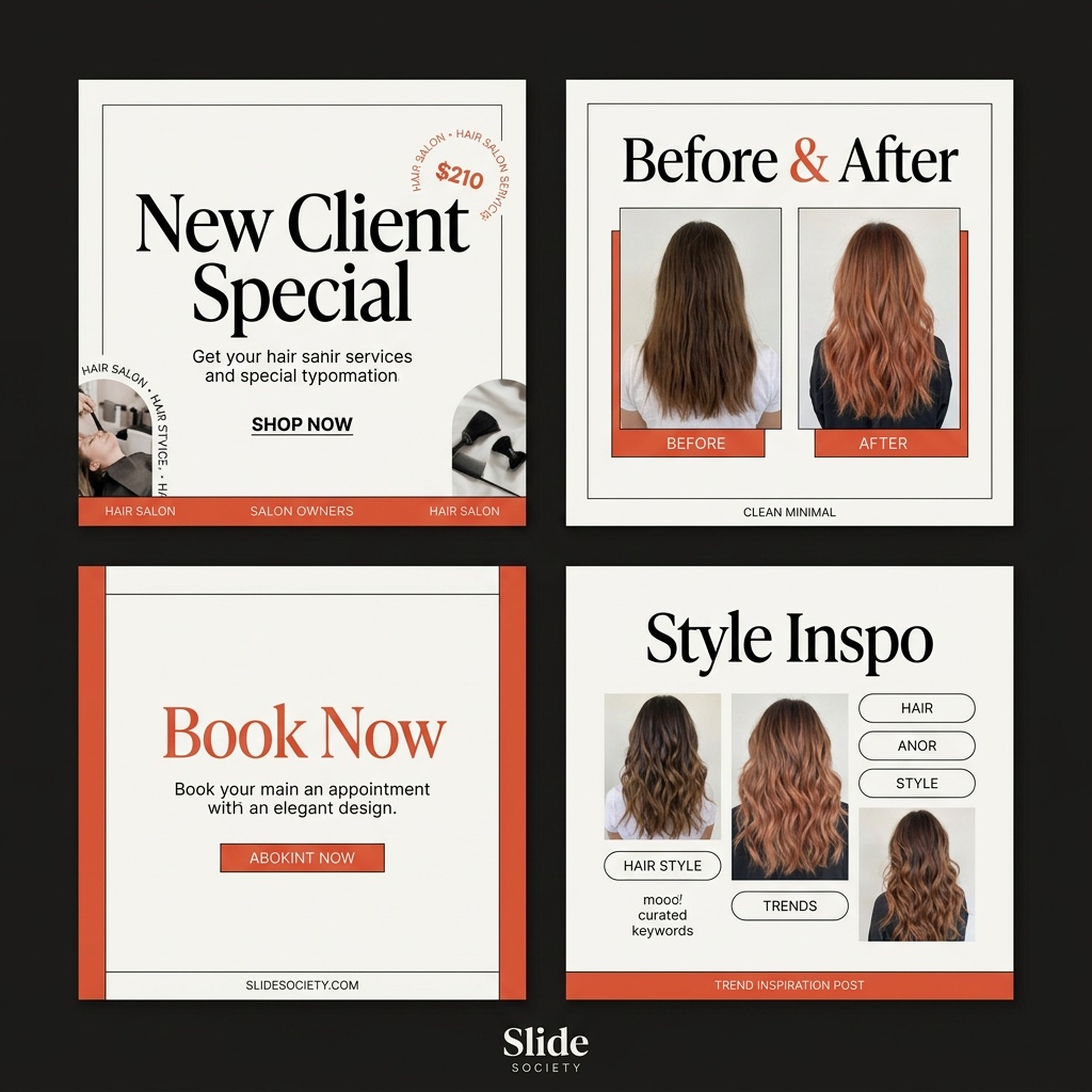 Hair stylist Canva template preview — 6 template styles in a grid