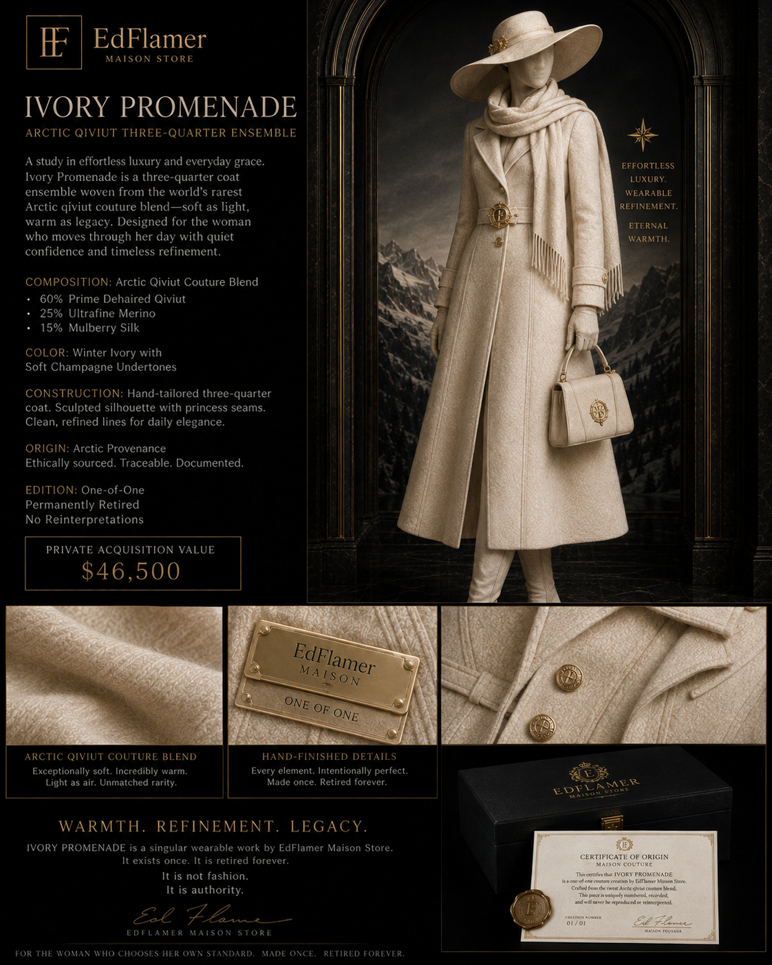 Ivory Promenade concept board showing an ivory three-quarter ensemble with wide-brim hat, scarf, handbag, textile close-ups, and written material panel.