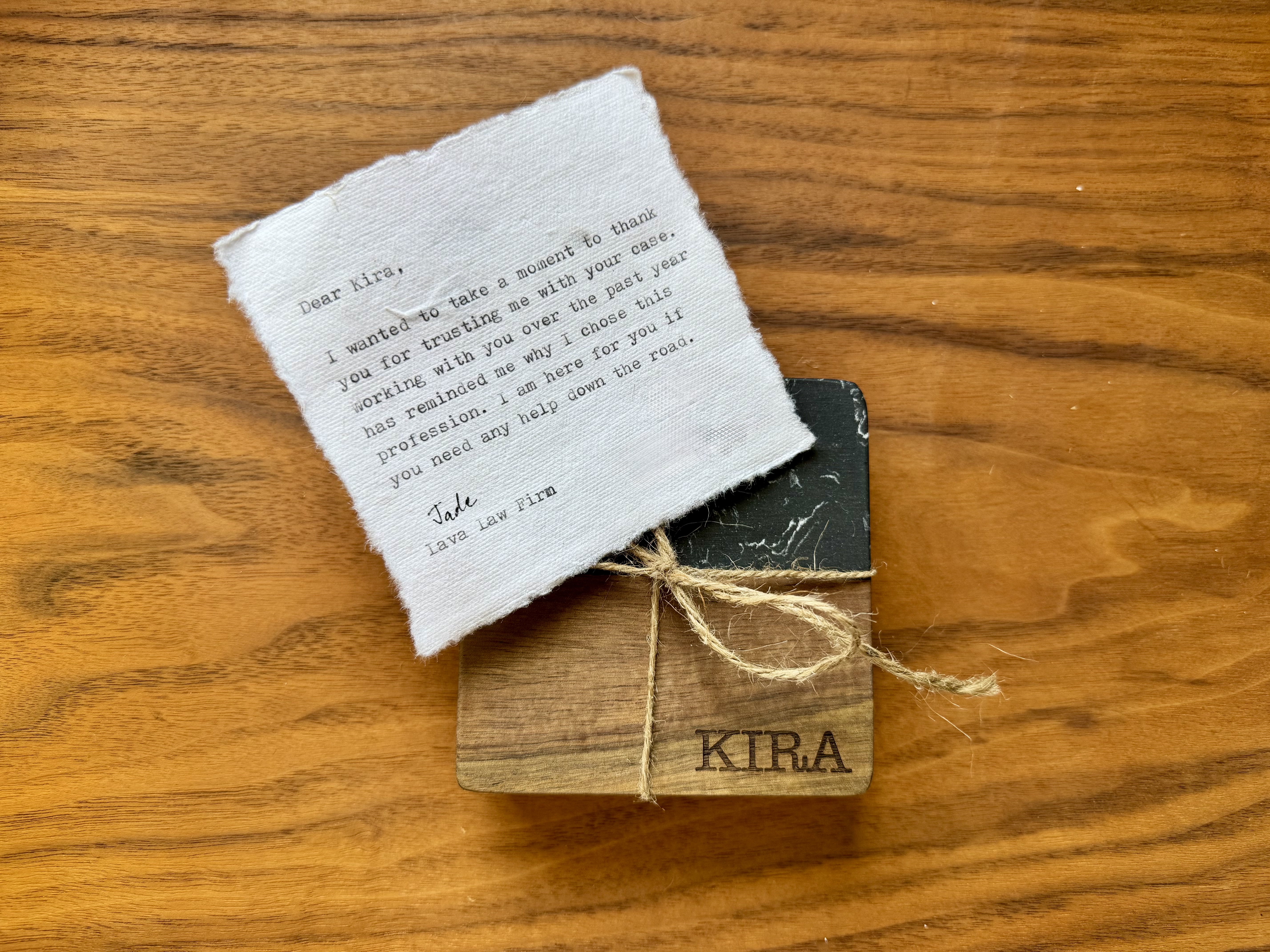 Personalized handwritten client note and engraved gift from From Your Lawyer