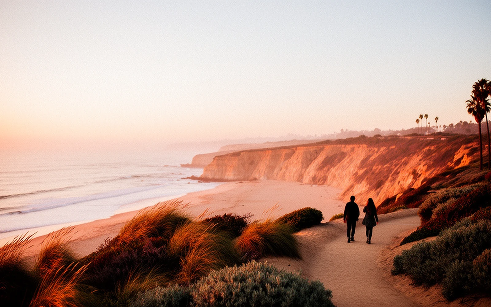 Two people walking along a golden-hour coastal path