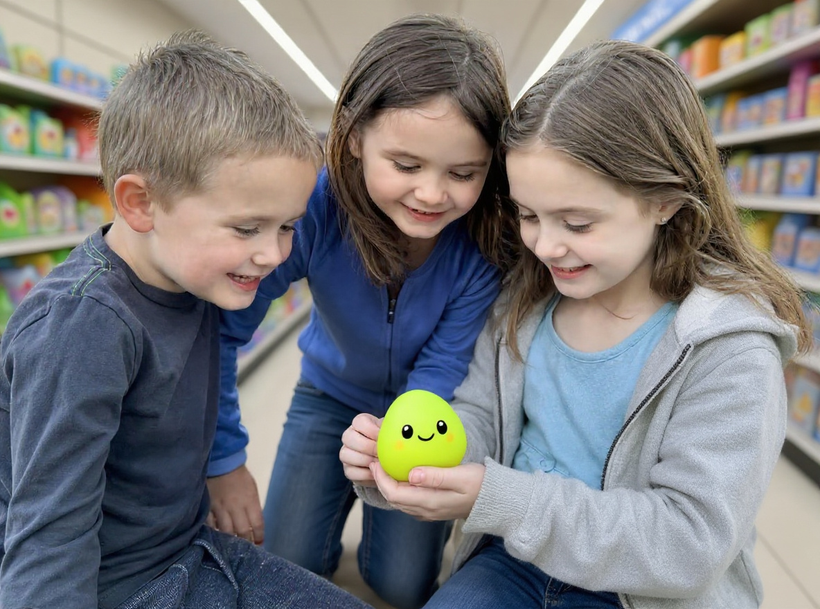 Three children gathered around a toy they found in a toy store