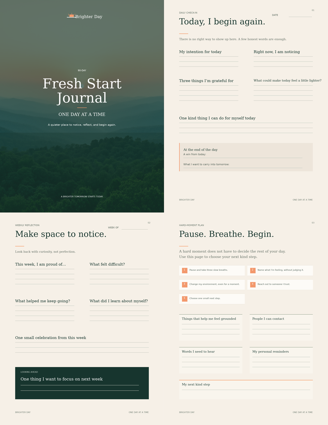 Four sample pages from the 90-Day Fresh Start Journal: the cover, daily check-in, weekly reflection, and hard-moment plan