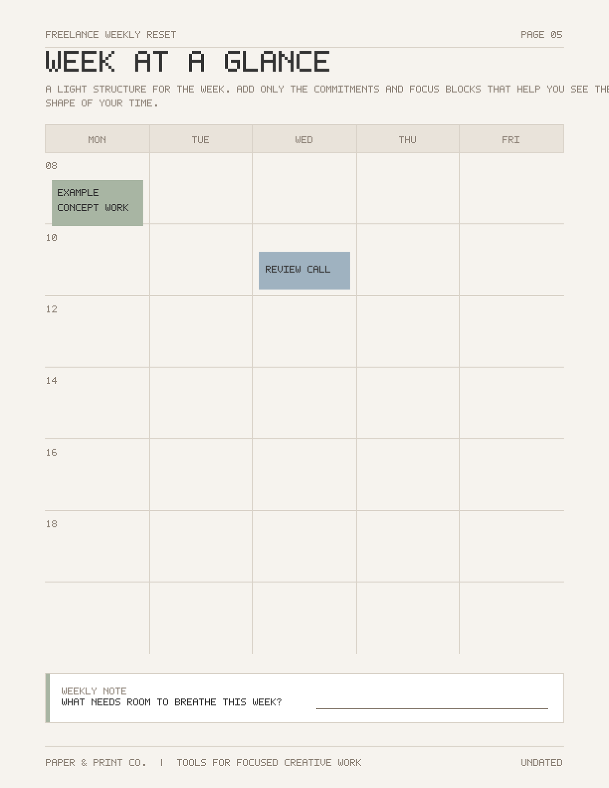 Freelance weekly reset planner capacity planning page