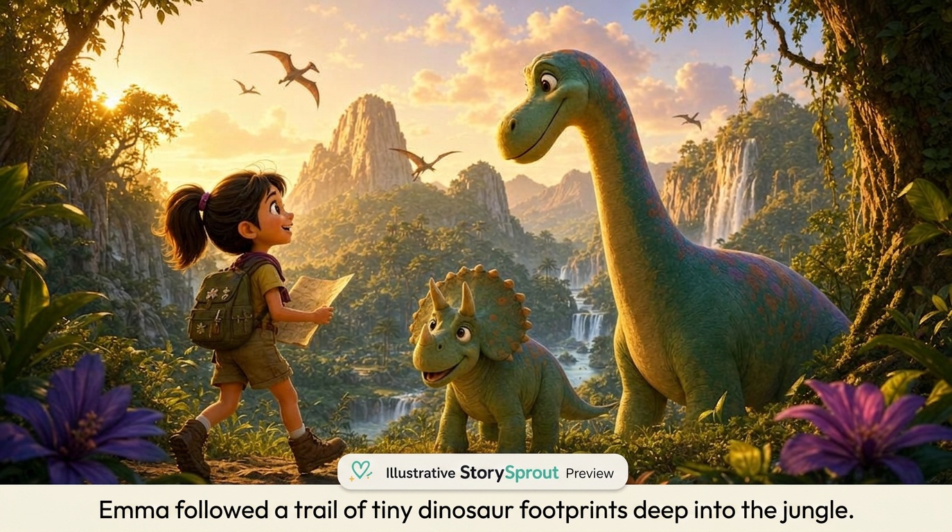 Page 1 of Emma Saves the Dinosaurs, with Emma following tiny dinosaur footprints through the jungle.