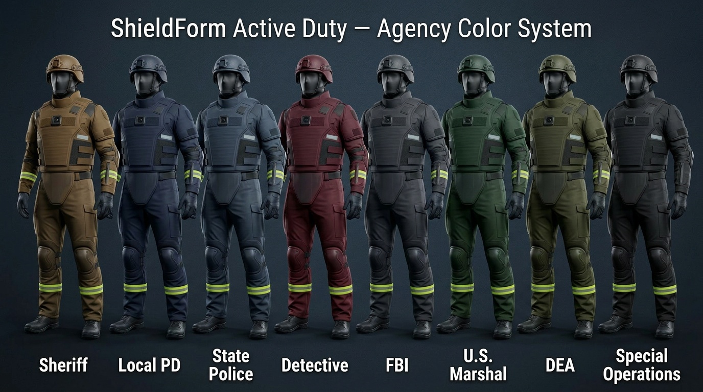 Law enforcement agency color lineup showing ShieldForm variants by department and role