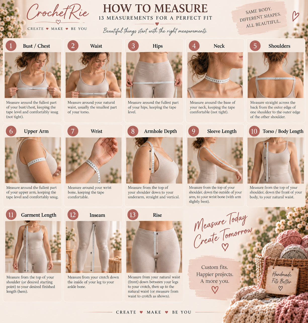 Professional illustrated guidance for taking crochet garment measurements