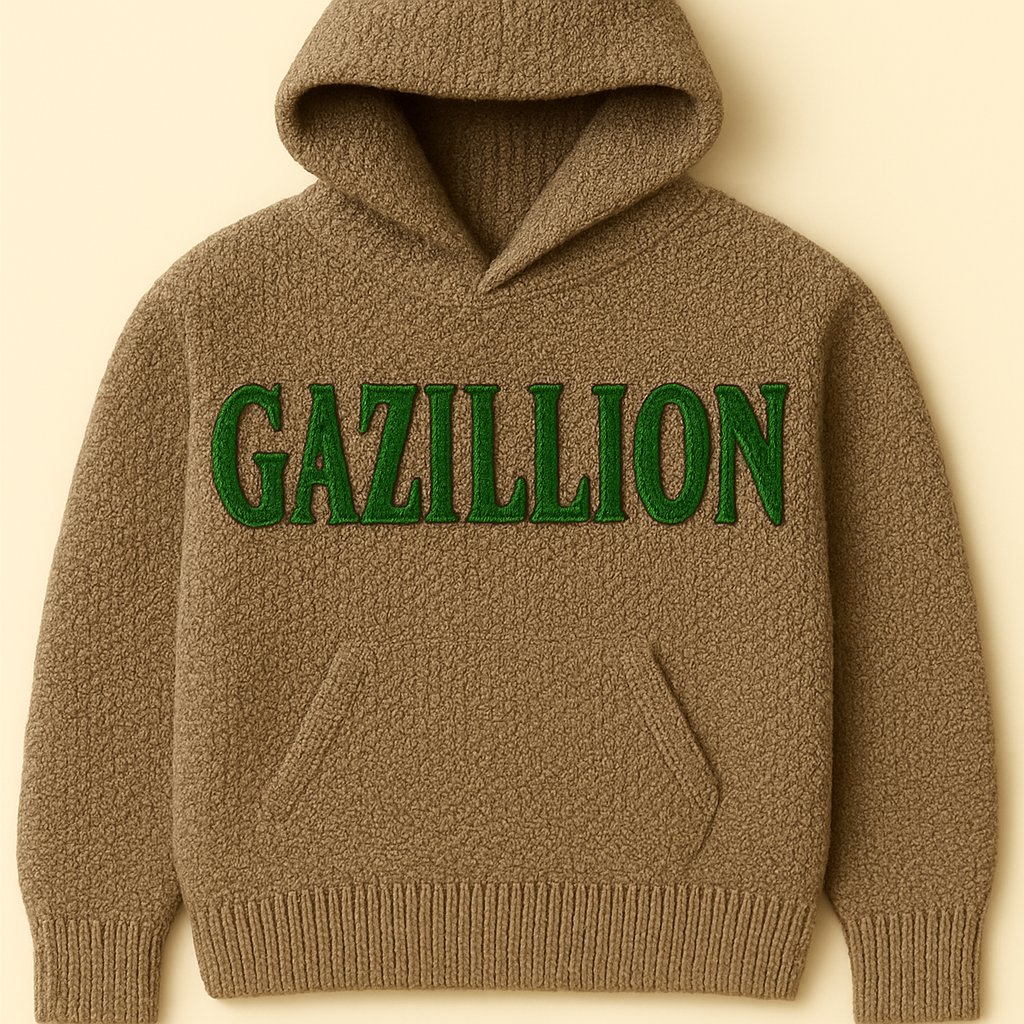 Front presentation of the stone Gazillion wearable work with hand-knit lettering.