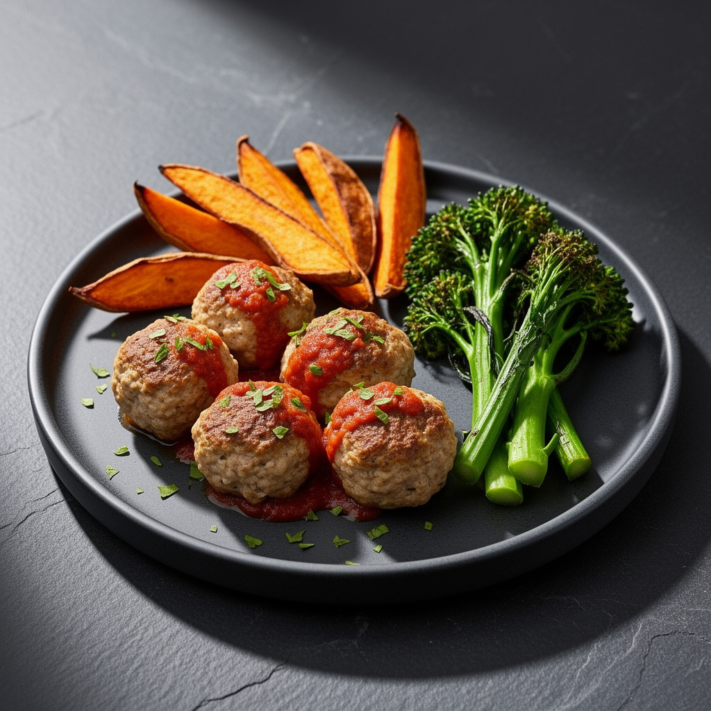 Turkey meatballs with sweet potato wedges and broccolini on dark stoneware