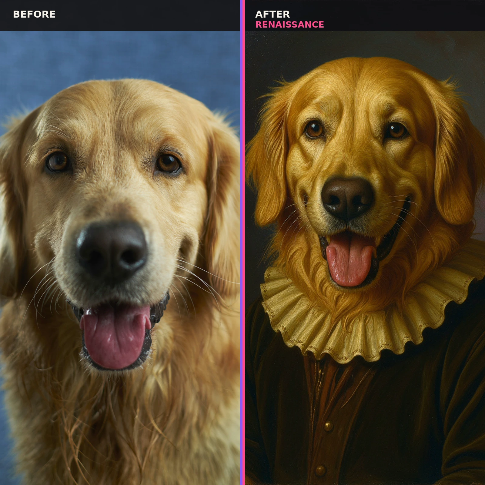 Real golden retriever photo transformed into a Renaissance-style pet portrait.