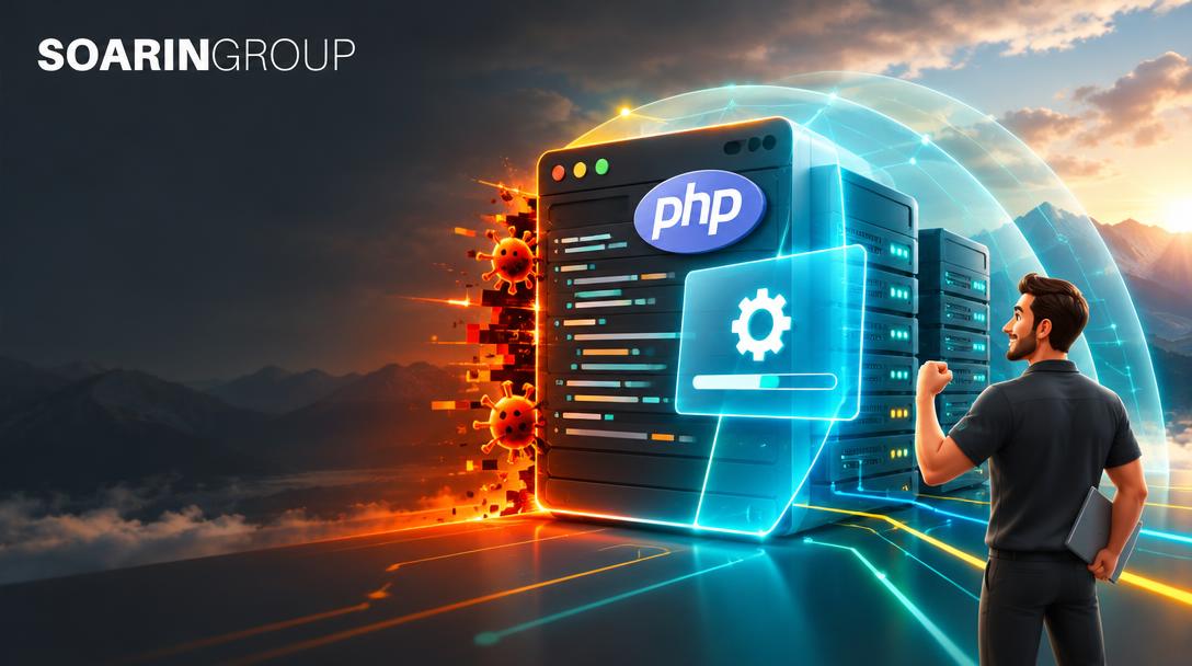 The Soarin Group wordmark over PHP code, protected servers, and a technician.