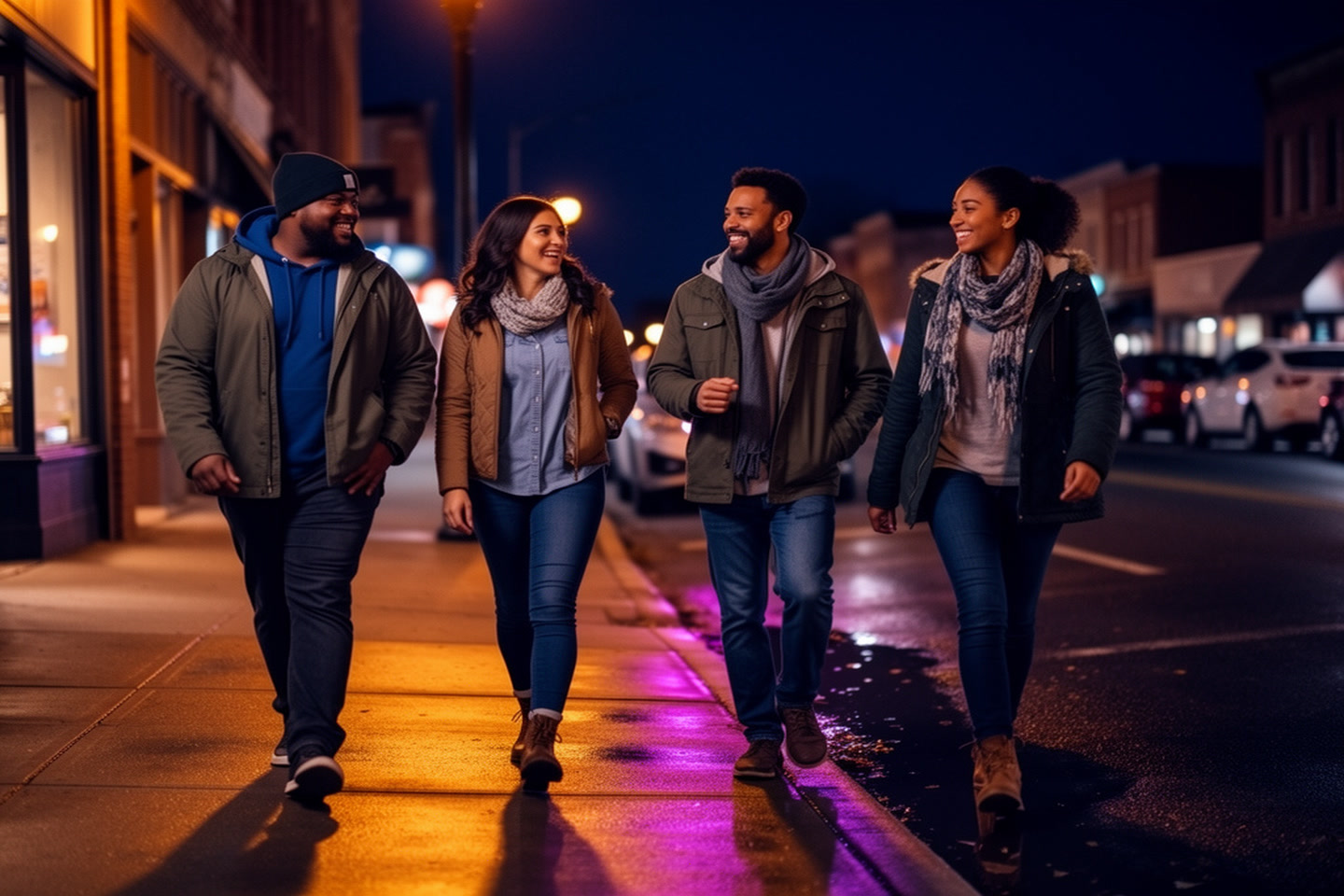 Friends walking together on a downtown street at night
