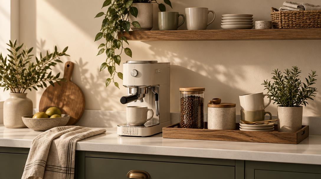 Conceptual styling image of a home coffee station with a coffee maker, mugs, canisters, tray, and everyday supplies