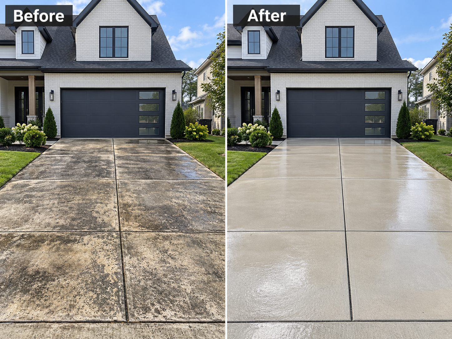 Driveway before and after pressure washing at a white brick home.