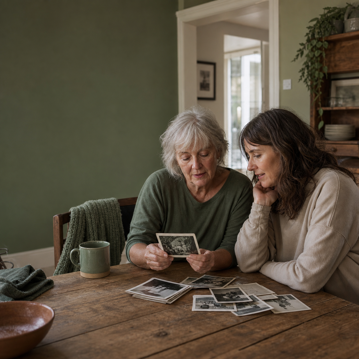 Illustration of two relatives looking through family photographs together