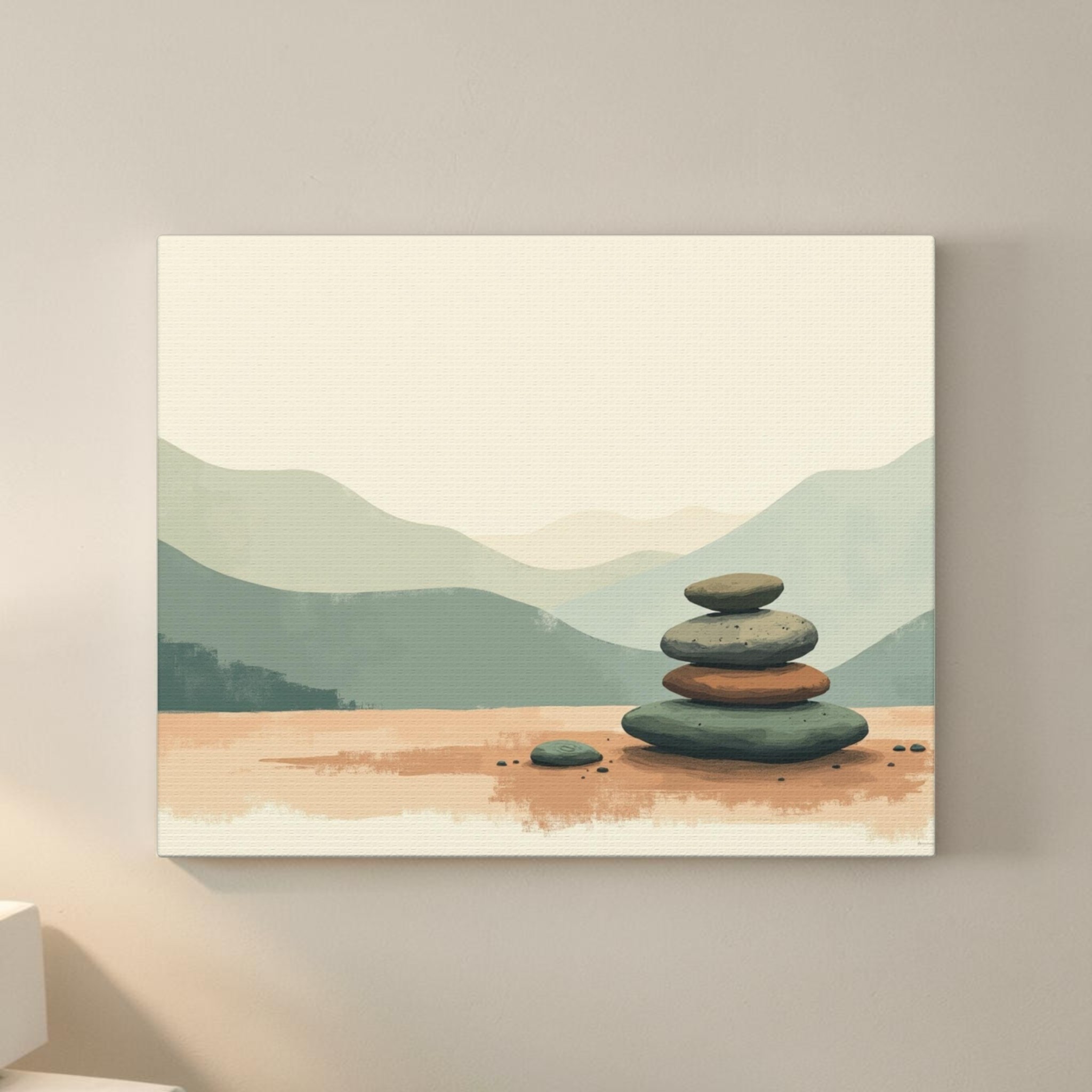 Stacked stones mountain canvas displayed in a warm neutral room