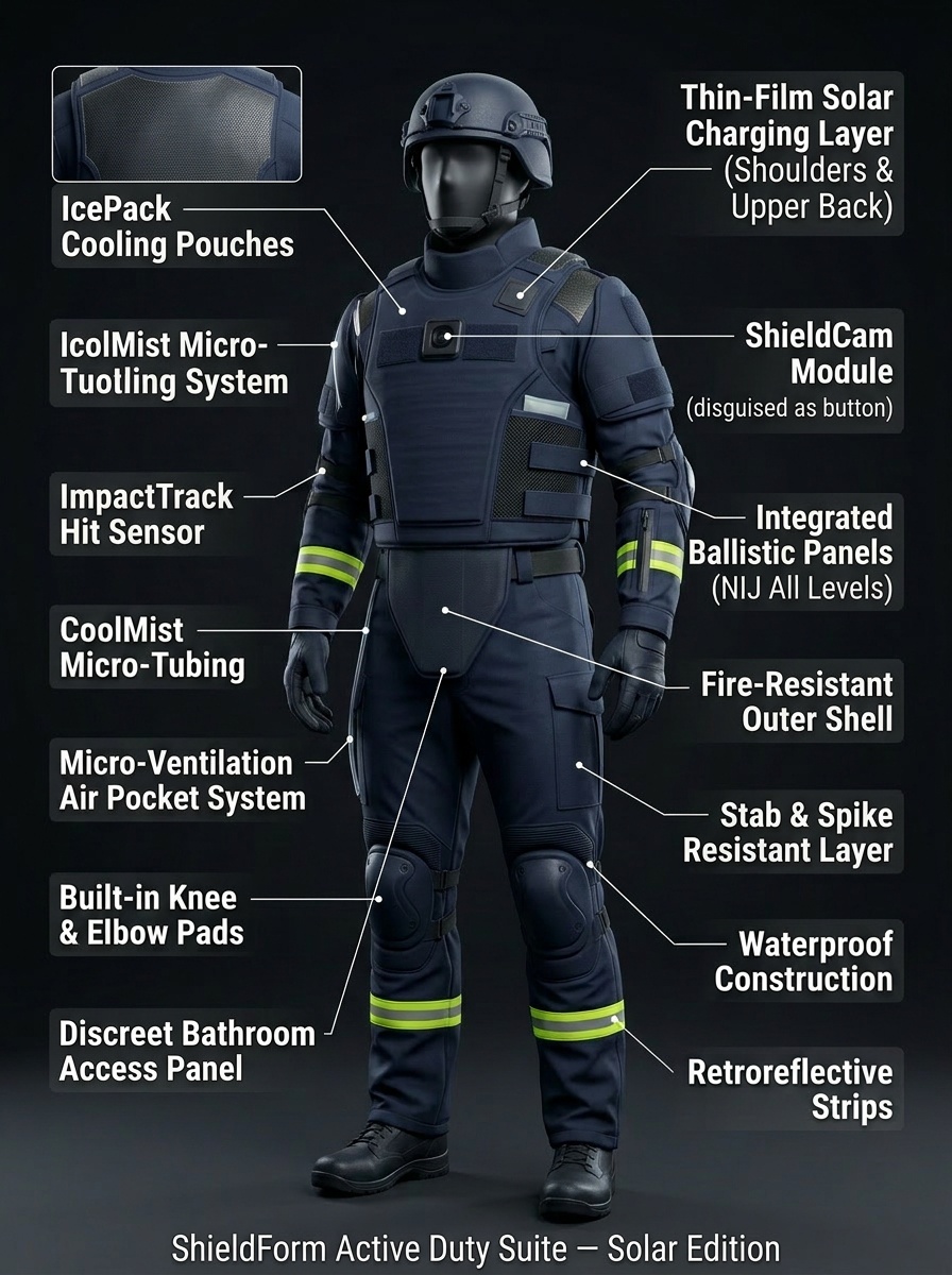 Active Duty ShieldForm suit with solar panel locations labeled and annotated
