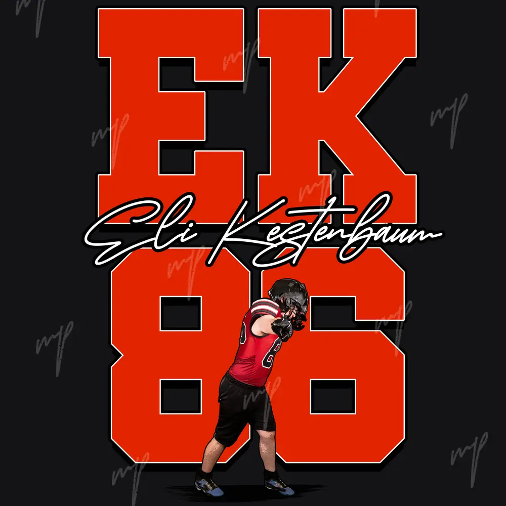 A football player in a red uniform stands in front of oversized red 86 numerals.