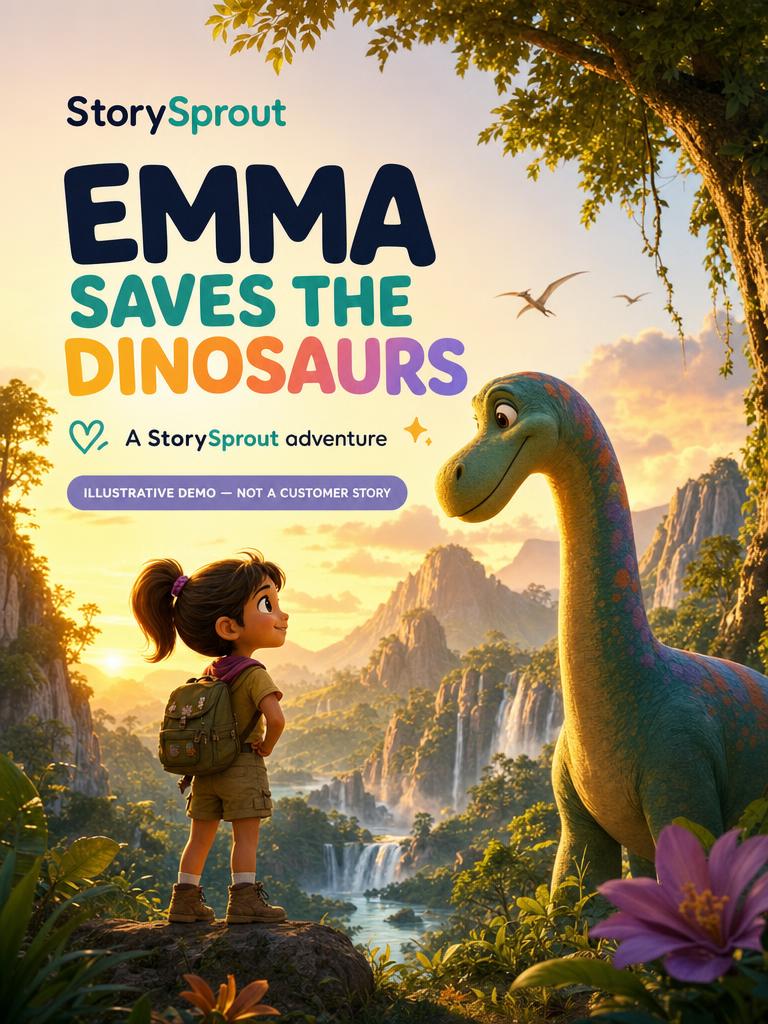 Cover of Emma Saves the Dinosaurs, an illustrative StorySprout demo book.
