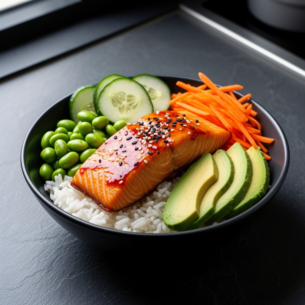Miso glazed salmon rice bowl with edamame, cucumber, carrot, avocado, and sesame seeds