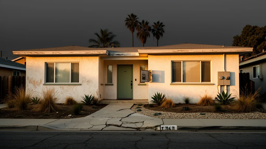 Existing single-story home with worn exterior details