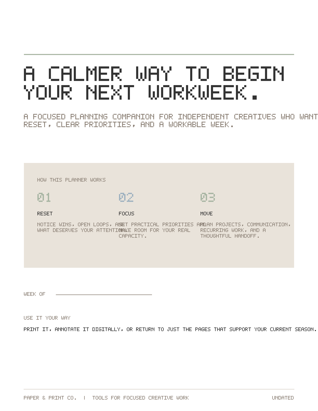 Freelance Weekly Reset Planner printable planner cover