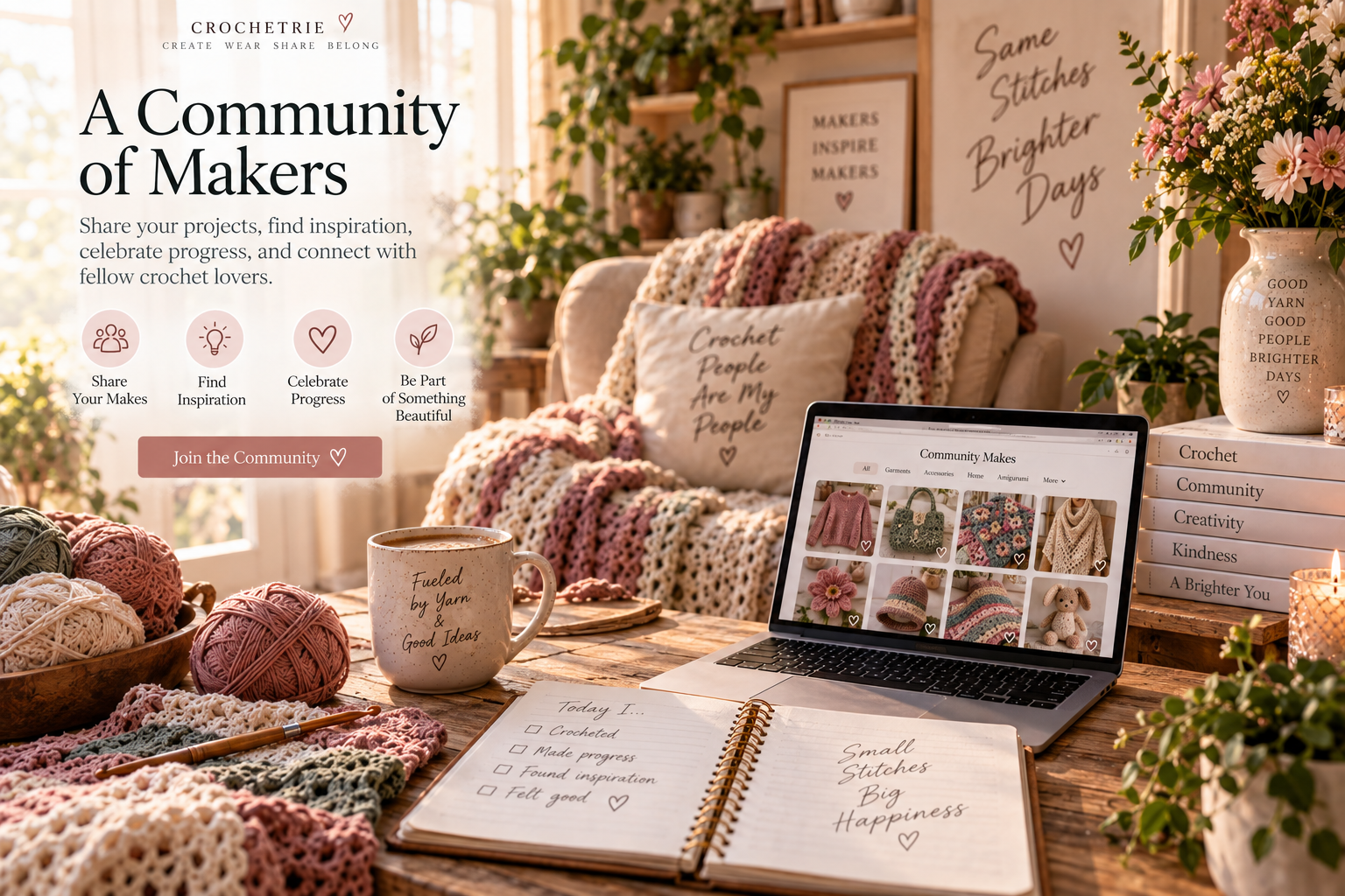 Warm crochet workspace with flowers