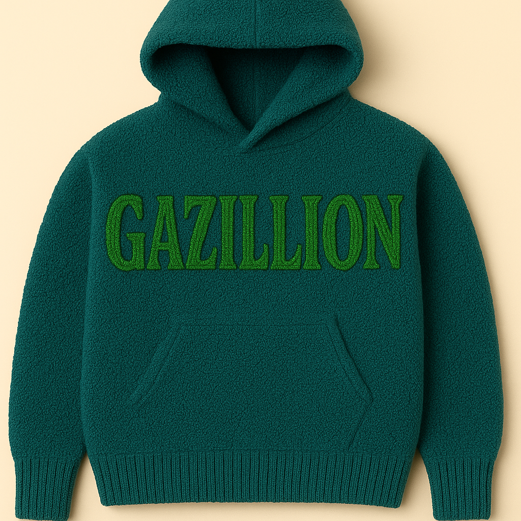 Front presentation of the deep teal Gazillion wearable work with hand-knit lettering.