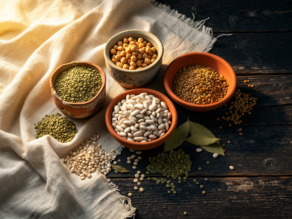 Editorial still life of beans and legumes in handmade bowls for Mediterranean pantry inspiration