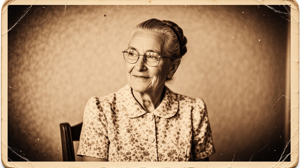 Vintage-style portrait of an older woman in glasses seated for a photograph.