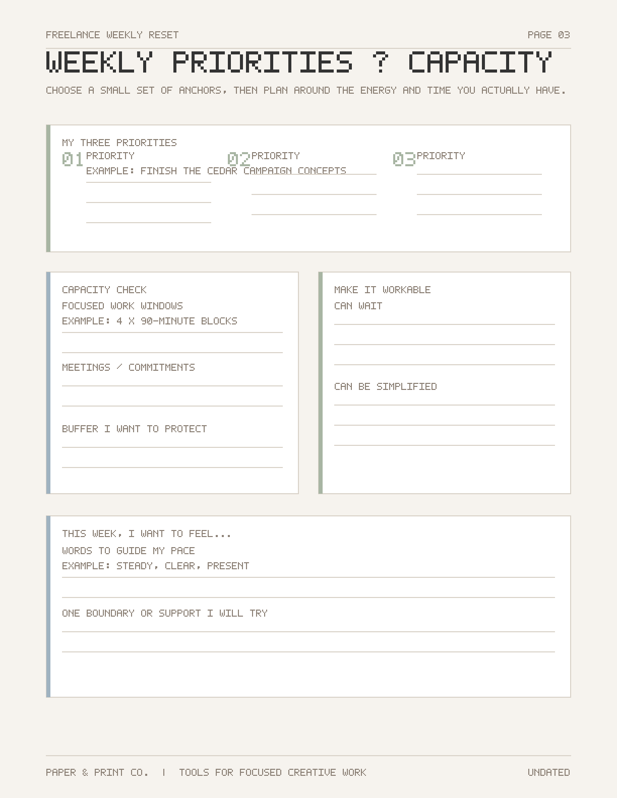 Freelance weekly reset planner priorities page