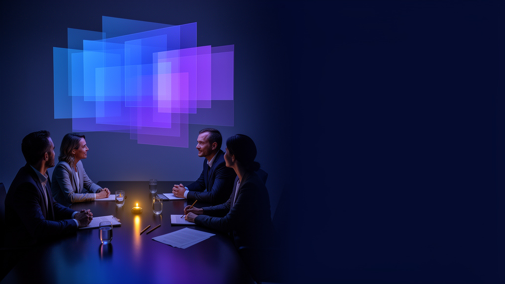 A small group of people in discussion around a table beneath layered blue and violet abstract panels.