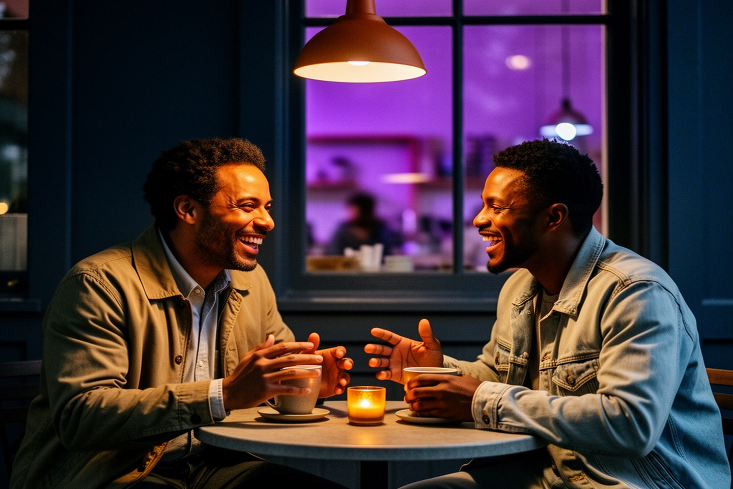Two men laughing over coffee at a warmly lit late-night table