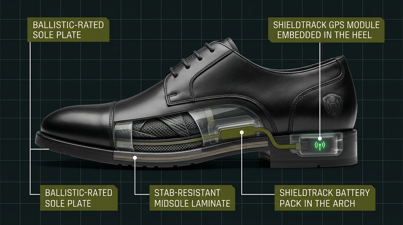 Dress Oxford ballistic shoe cutaway — internal layer view