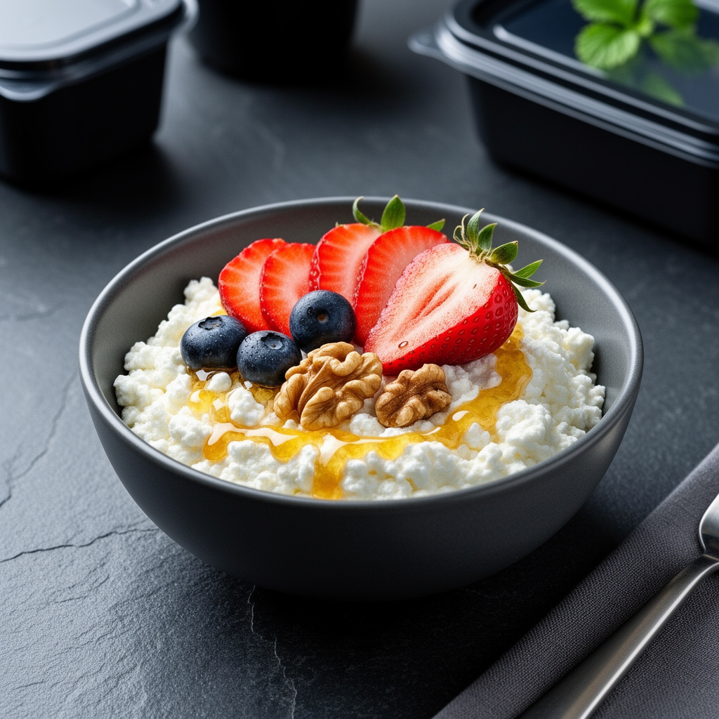 Cottage cheese bowl with strawberries, blueberries, walnuts, and a drizzle of honey