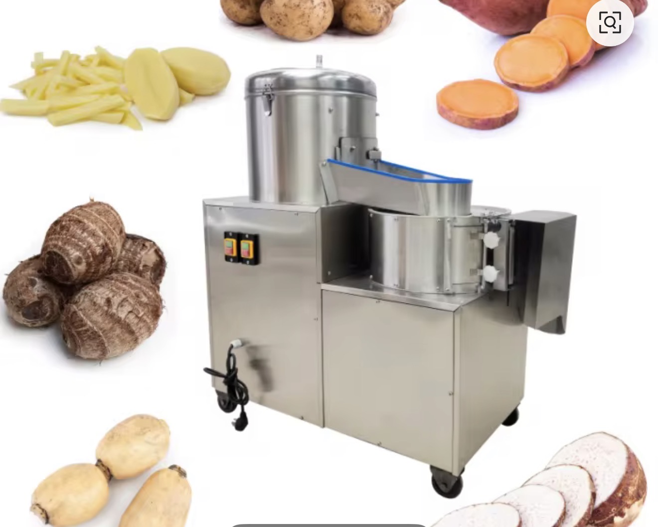 Commercial potato peeling and cutting machine with prepared potatoes and root vegetables