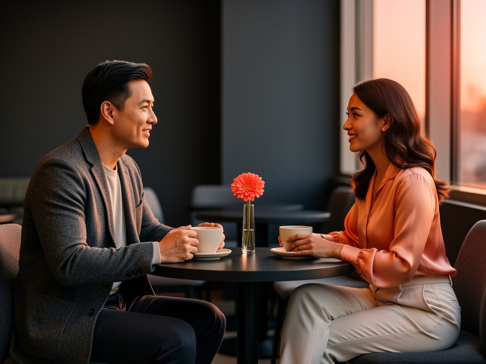 An adult man and woman sharing an attentive coffee conversation.