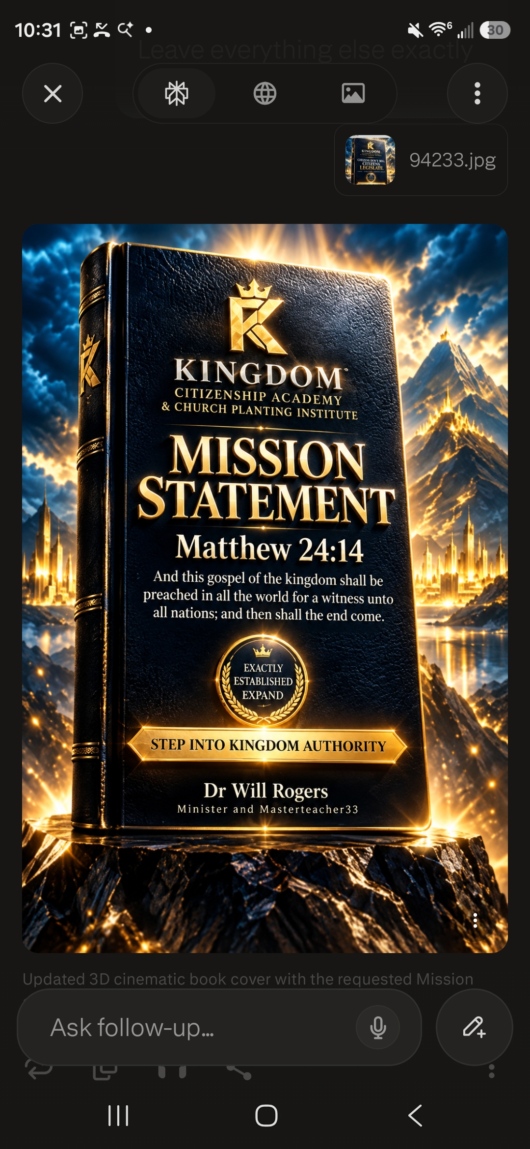 Kingdom Citizenship Academy mission statement book-cover artwork.