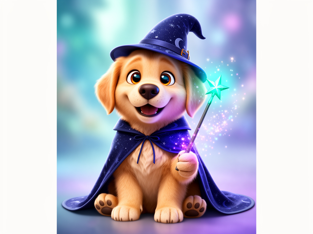 A happy puppy wearing a magical wizard hat in a sparkling storybook setting