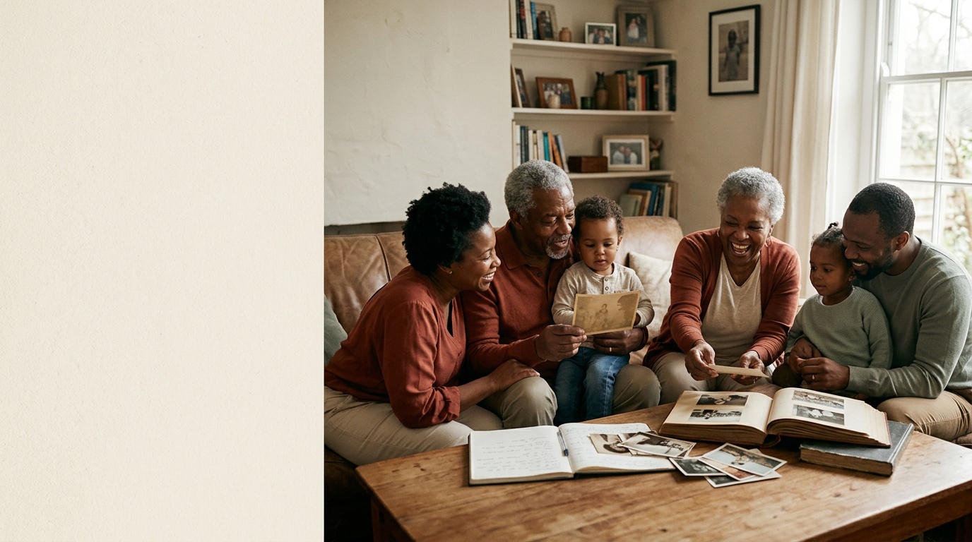 A multigenerational Black family sharing old photographs and stories together at home