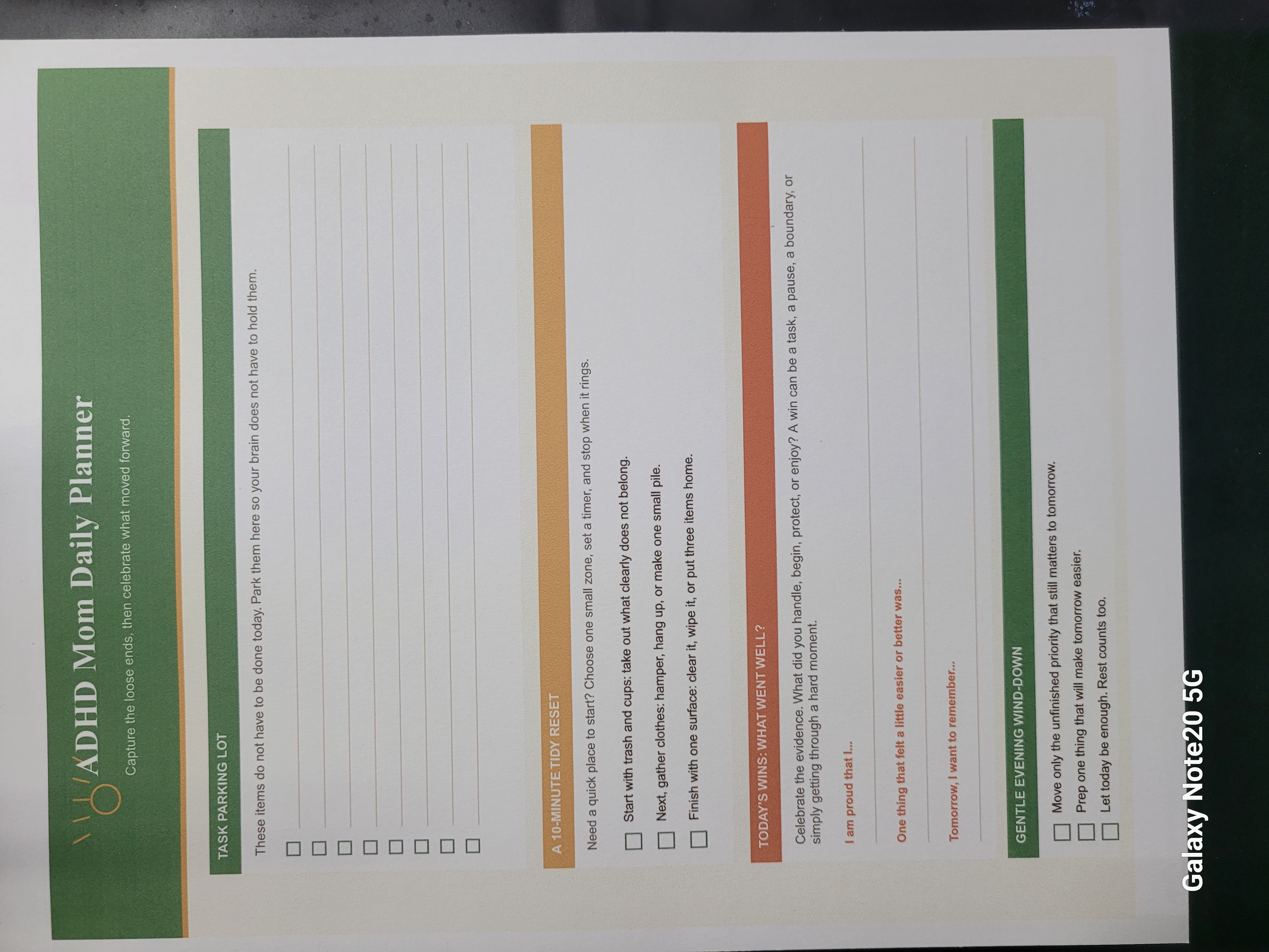 Printed ADHD Mom Daily Planner page with task parking, a ten-minute reset, and evening wind-down