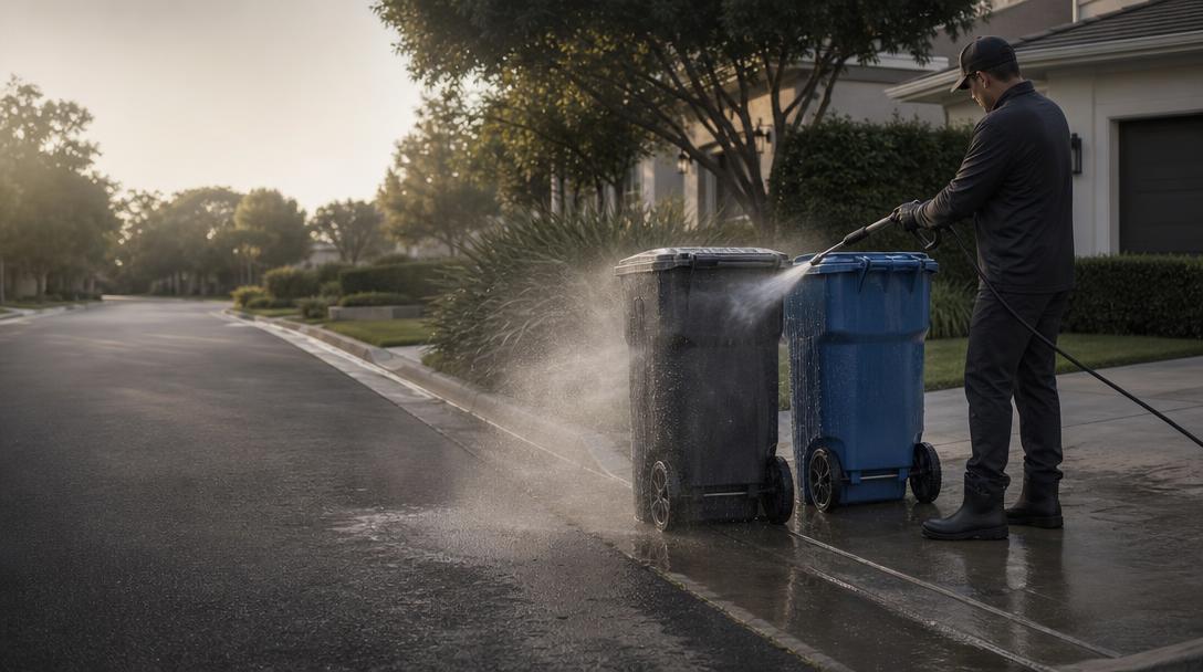 Illustration of curbside bin cleaning service.