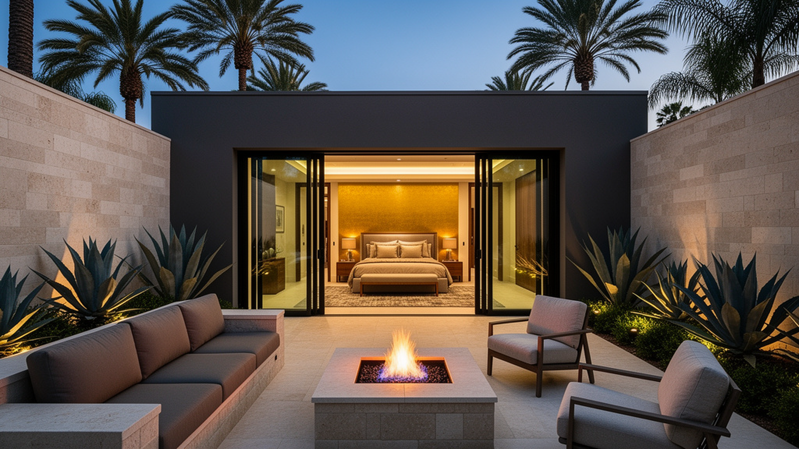 Primary suite opening to a fire-pit courtyard at dusk