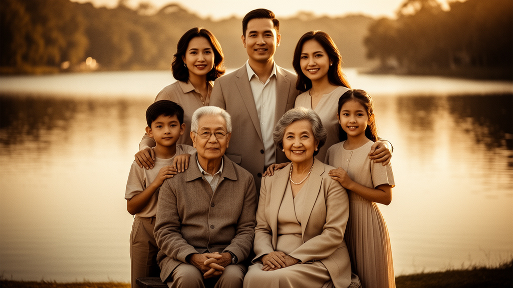 Multi-generational family portrait by a lake at sunset.