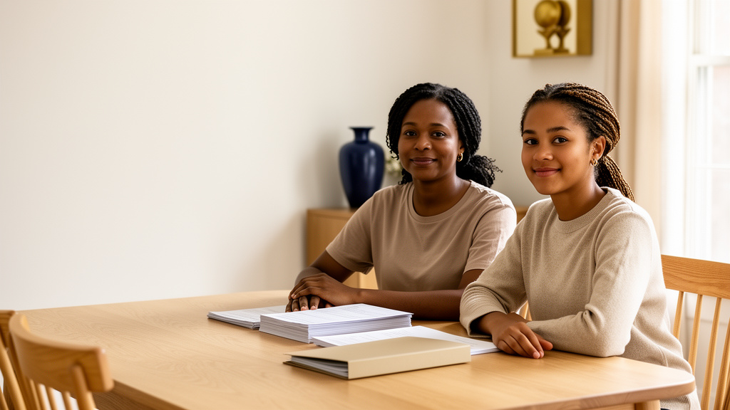 Mother and daughter reviewing paperwork together at their kitchen table