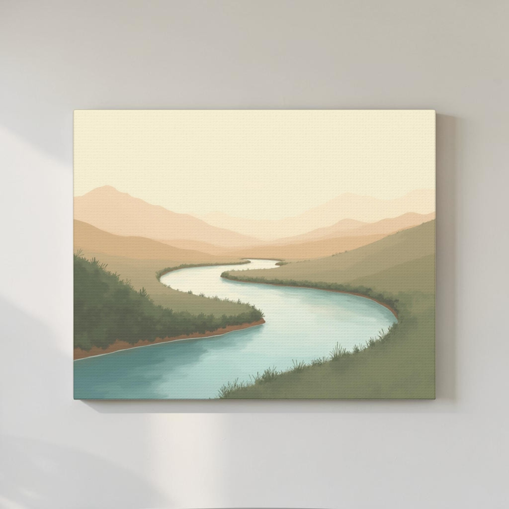 Tranquil river landscape canvas displayed on a softly lit wall