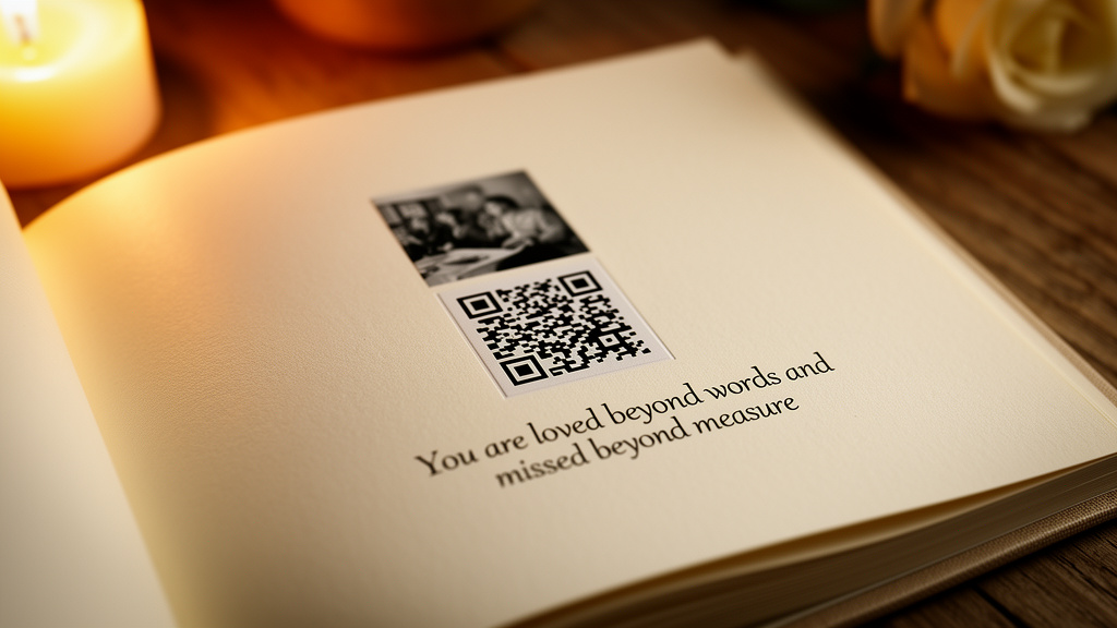 Printed memory book page featuring a QR code for a voice or video keepsake.