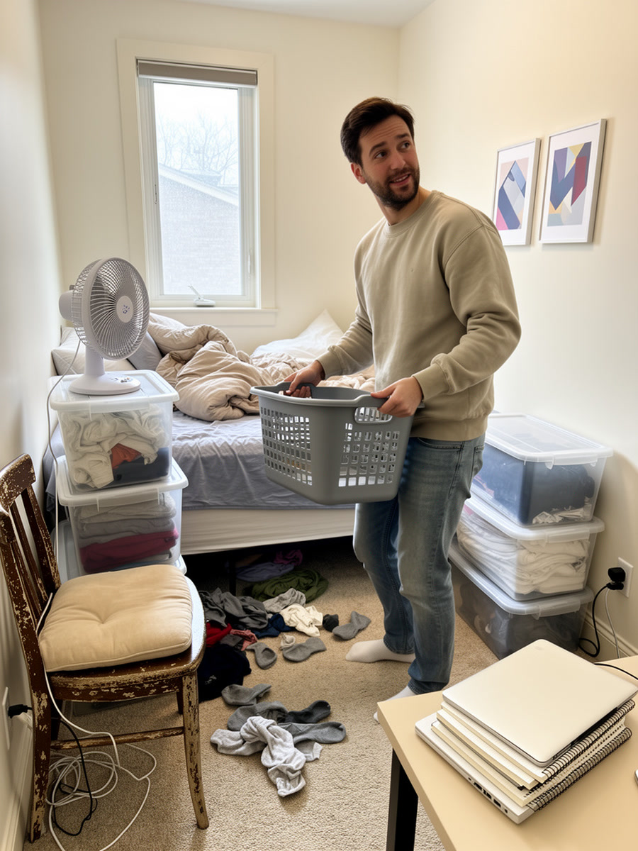 A compact bedroom with a laundry basket, stacked storage bins, clothes on the floor, and a fan