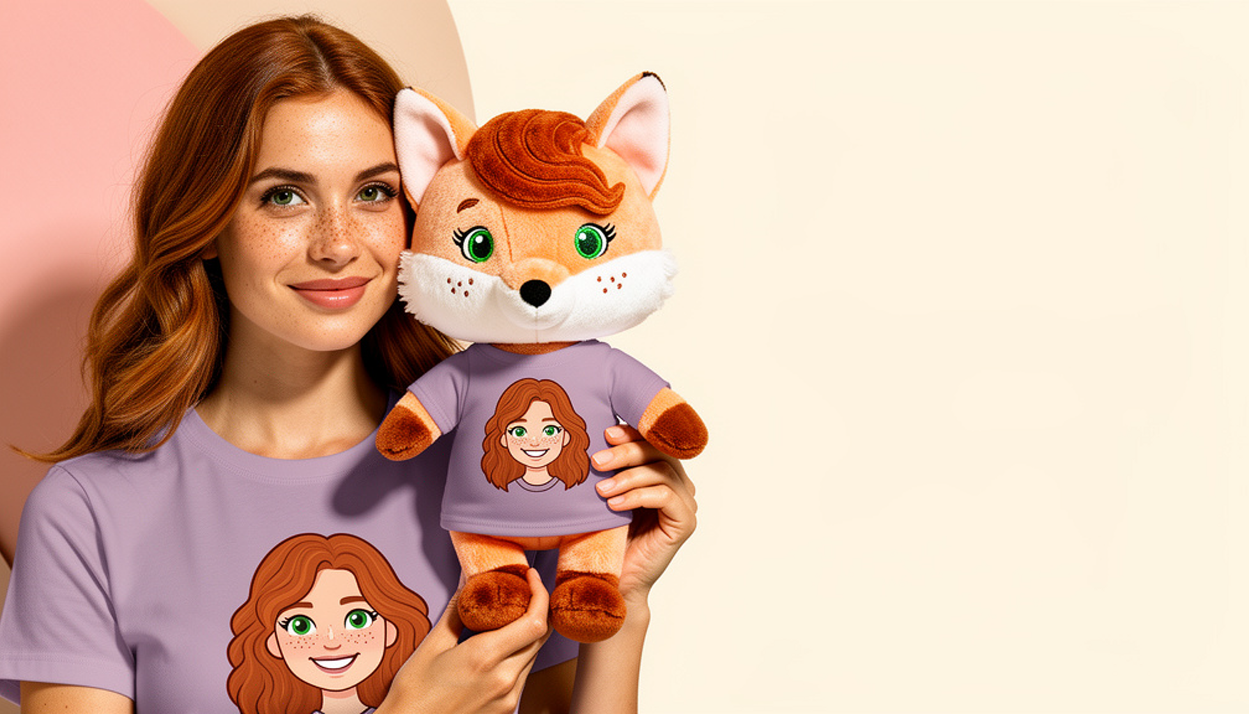 A person with auburn waves, green eyes, and freckles beside a fox plush wearing a custom illustrated avatar tee