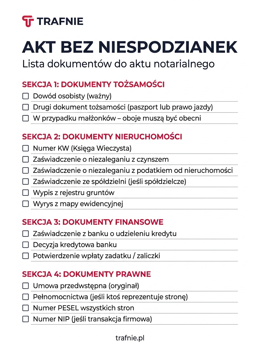 Rzeczywista strona podglądu Aktu Bez Niespodzianek z sekcjami dokumentów tożsamości, nieruchomości, finansowych i prawnych